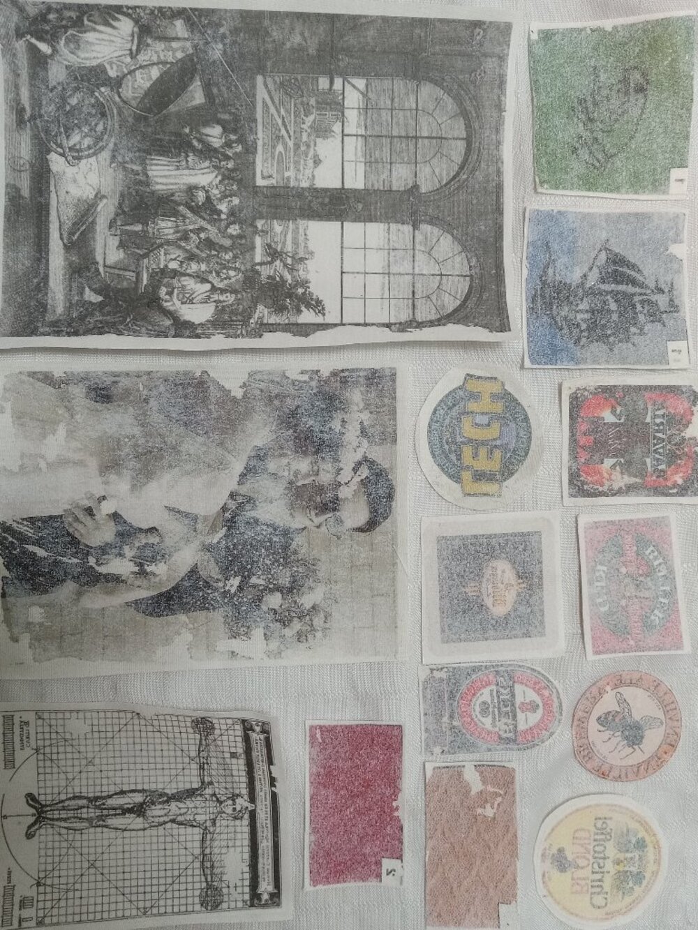 A large selection of handprinted cotton patch to sew with vintage illustrations